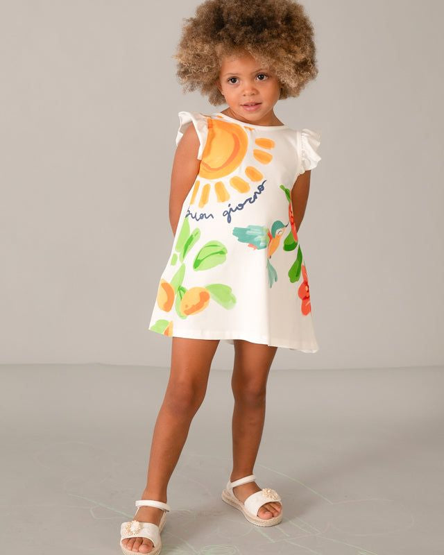 Vestito cotone bambina Mayoral con stampa 'Buon giorno' e dettagli a volant