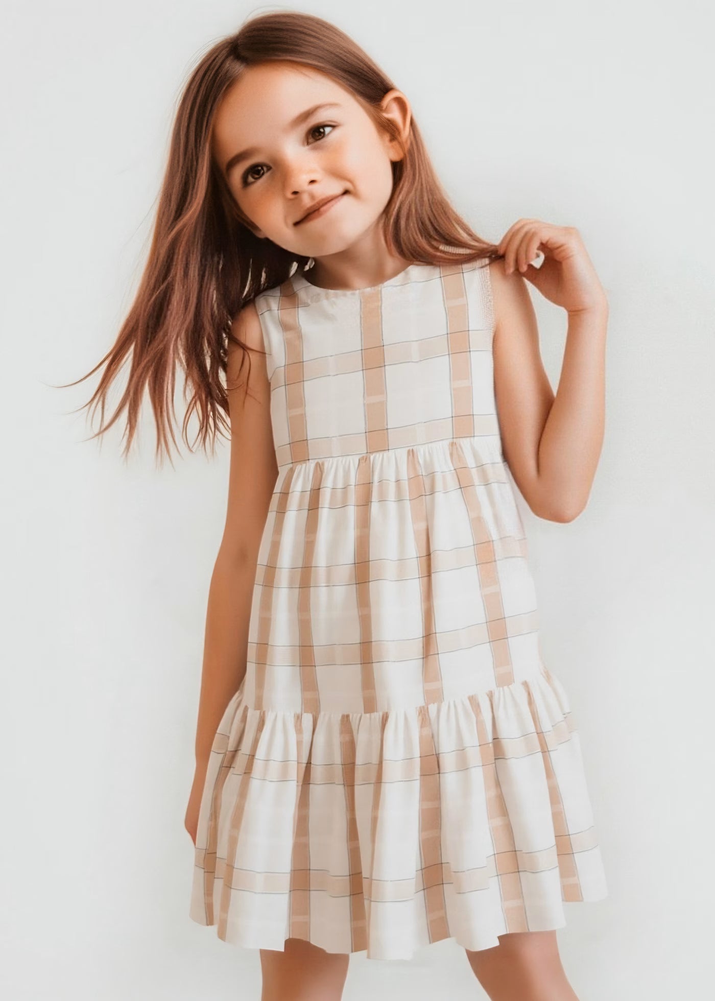 Vestito in lino bambina Mayoral fantasia quadri cannella Mayoral Beige