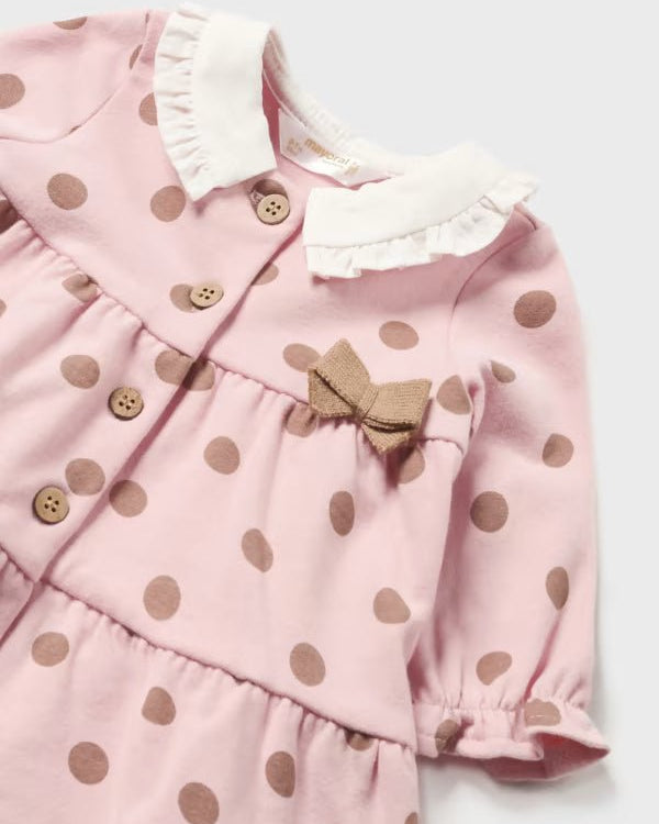 Vestito rosa stampa pois beige caldo cotone neonata Mayoral Newborn - ErreGiModaBimbo