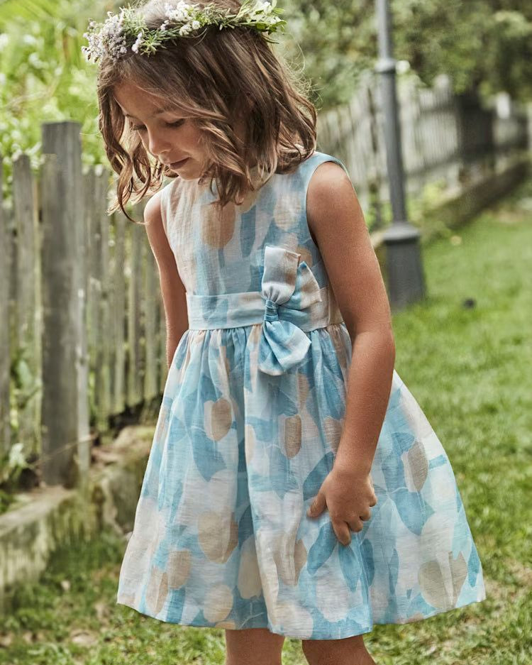 Abito in lino Bambina Mayoral Floreale azzurro e beige Mayoral Azzurro