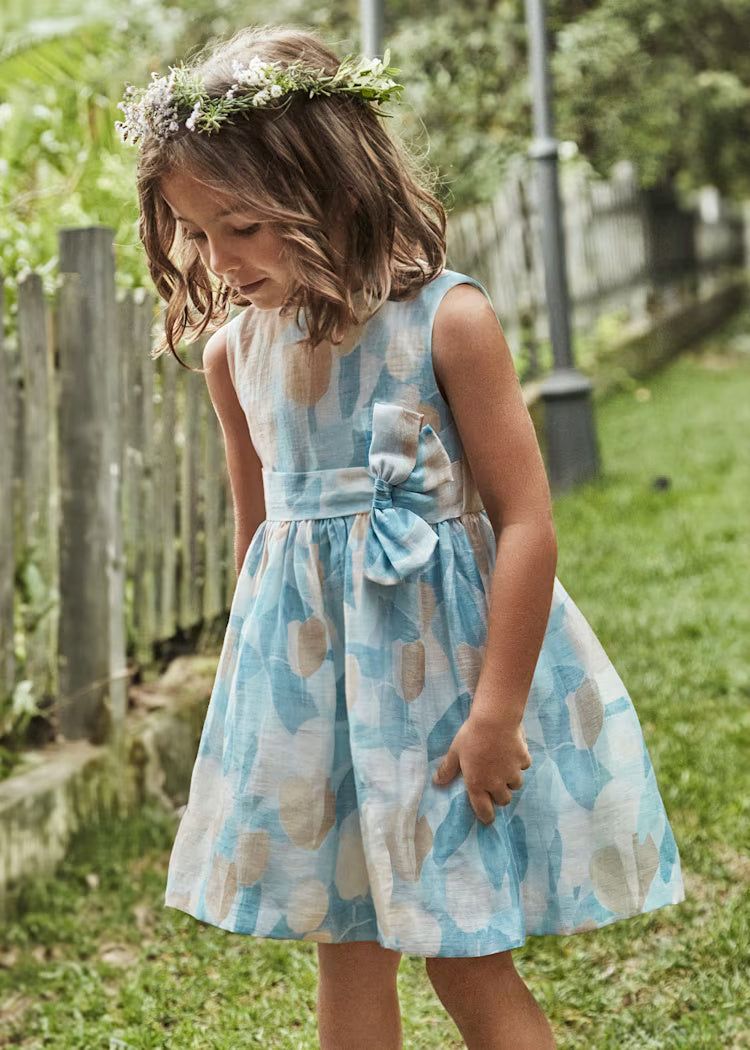 Abito in lino Bambina Mayoral Floreale azzurro e beige Mayoral Azzurro