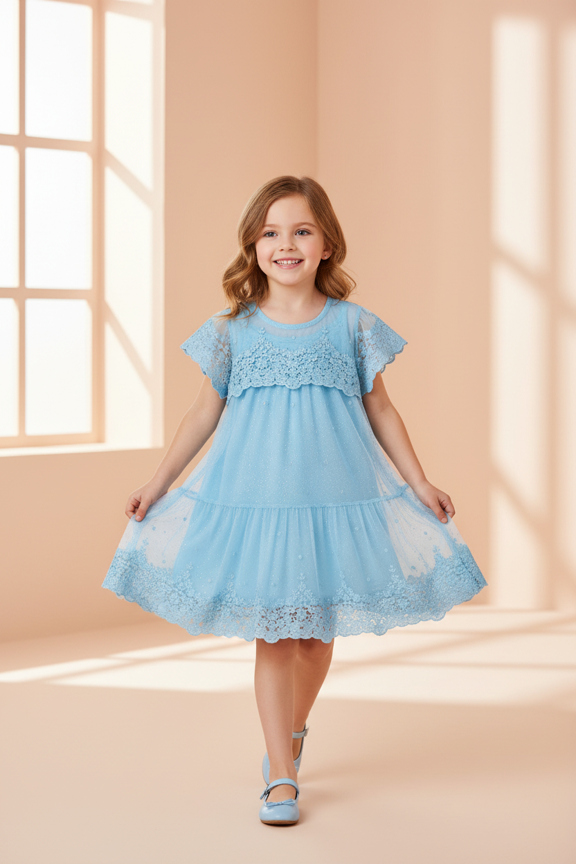 Abito tulle azzurro cielo bambina Mayoral ricamo floreale Mayoral Azzurro