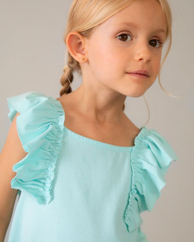 Dettaglio del vestito bambina cotone estate con volant Mayoral