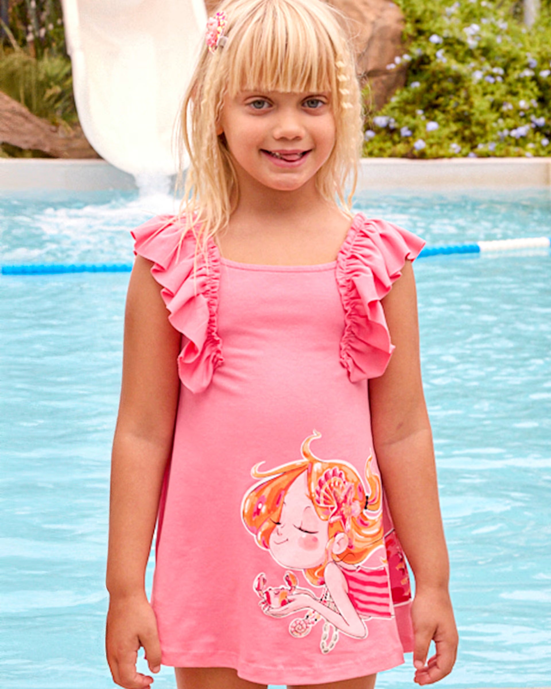 Vestito bambina rosa geranio Mayoral con volant, abbigliamento estivo per bambine