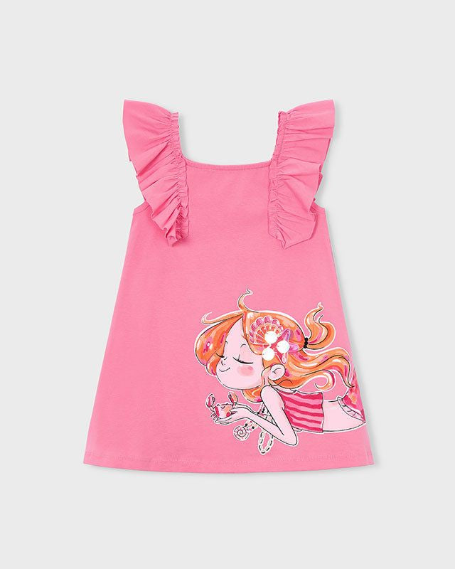 Vestito bambina rosa geranio Mayoral con volant, dettaglio del design e tessuto