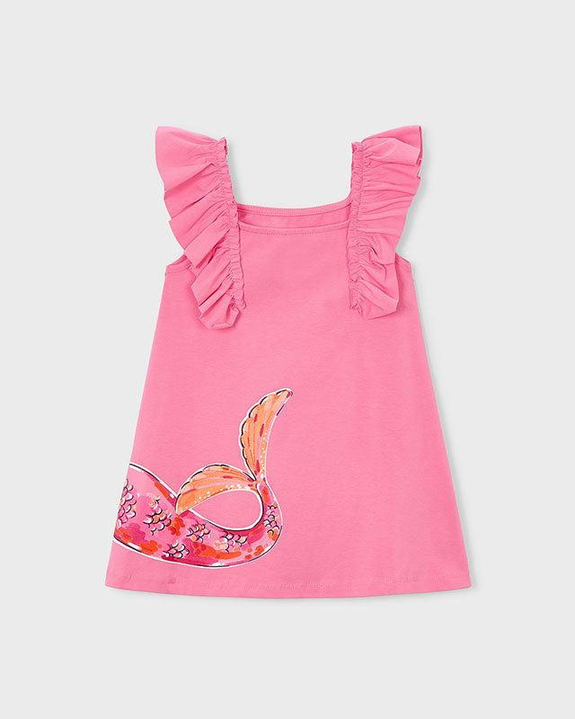 Vestito bambina rosa geranio Mayoral con volant, fronte del vestito con stampa di sirena