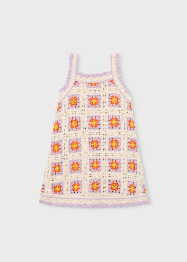Abito bambina maglia crochet lilla con dettagli colorati
