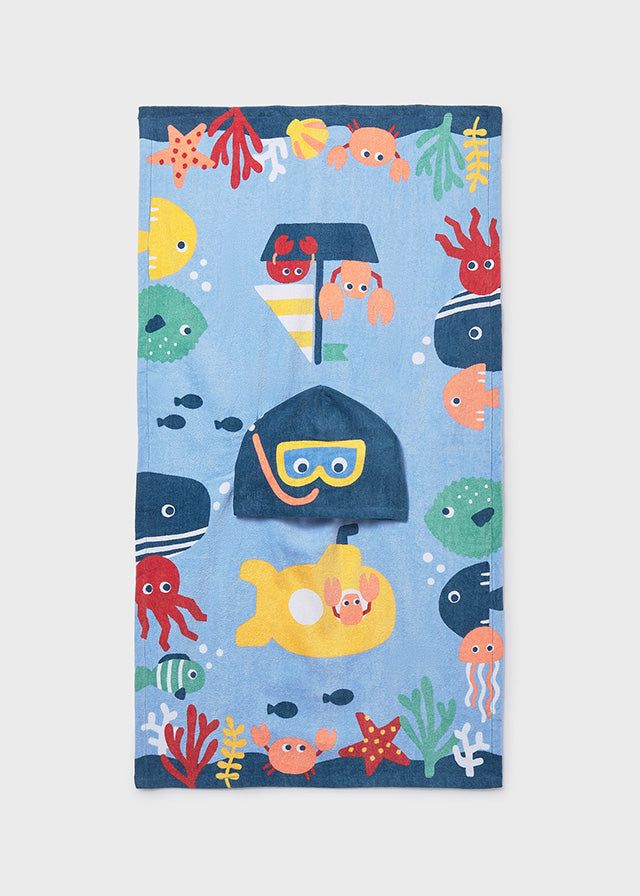 Asciugamano mare con cappuccio neonato Mayoral Newborn Fauna Marina blu Mayoral