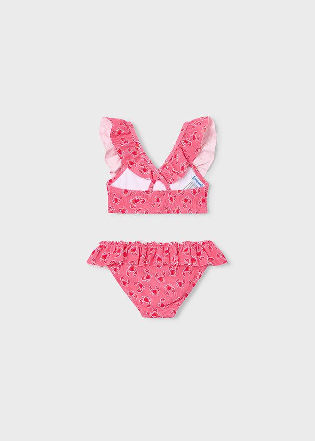 Costume bikini bambina Mayoral con volant e stampa granchi, vista frontale