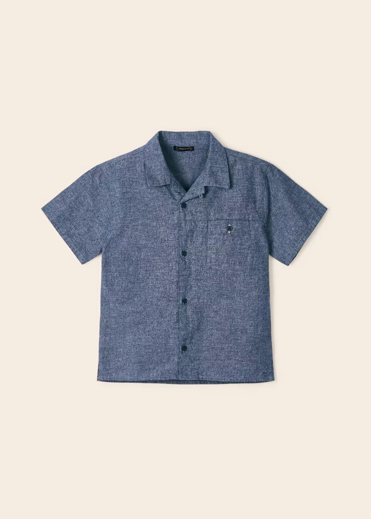 Camicia bavero manica corta lino bambino Mayoral azzurro scuro - ErreGiModaBimbo
