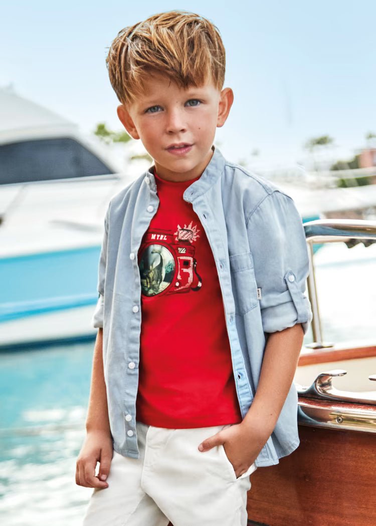 Camicia colletto coreana manica lunga bambino Mayoral jeans chiaro - ErreGiModaBimbo