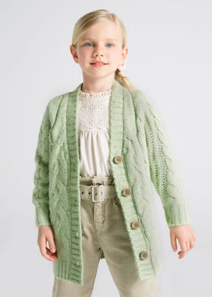 Cardigan lungo tricot bambina Mayoral trecce verde - ErreGiModaBimbo