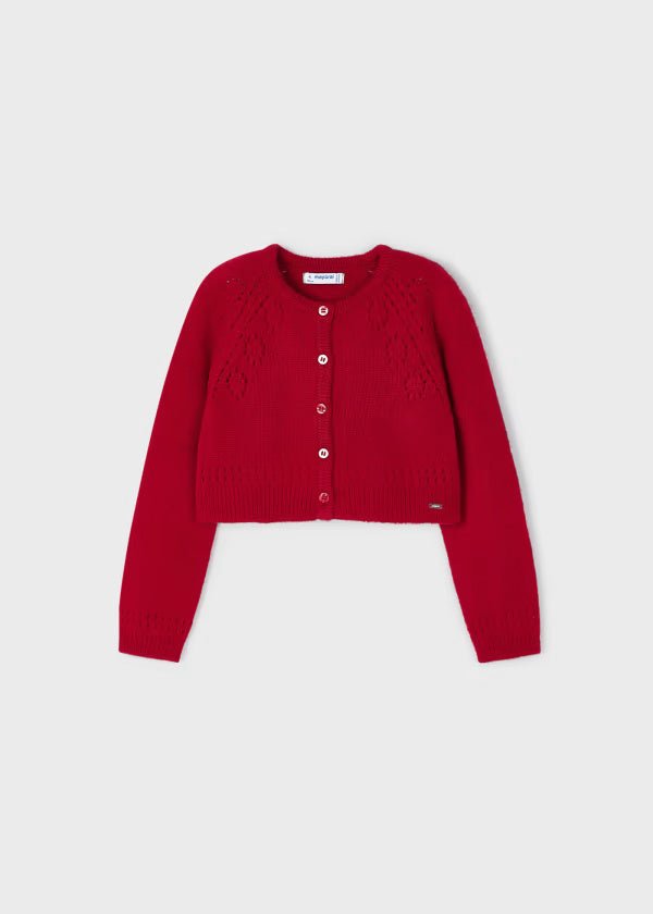 Cardigan rosso tricot trafori bambina Mayoral - ErreGiModaBimbo