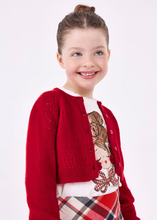 Cardigan rosso tricot trafori bambina Mayoral - ErreGiModaBimbo