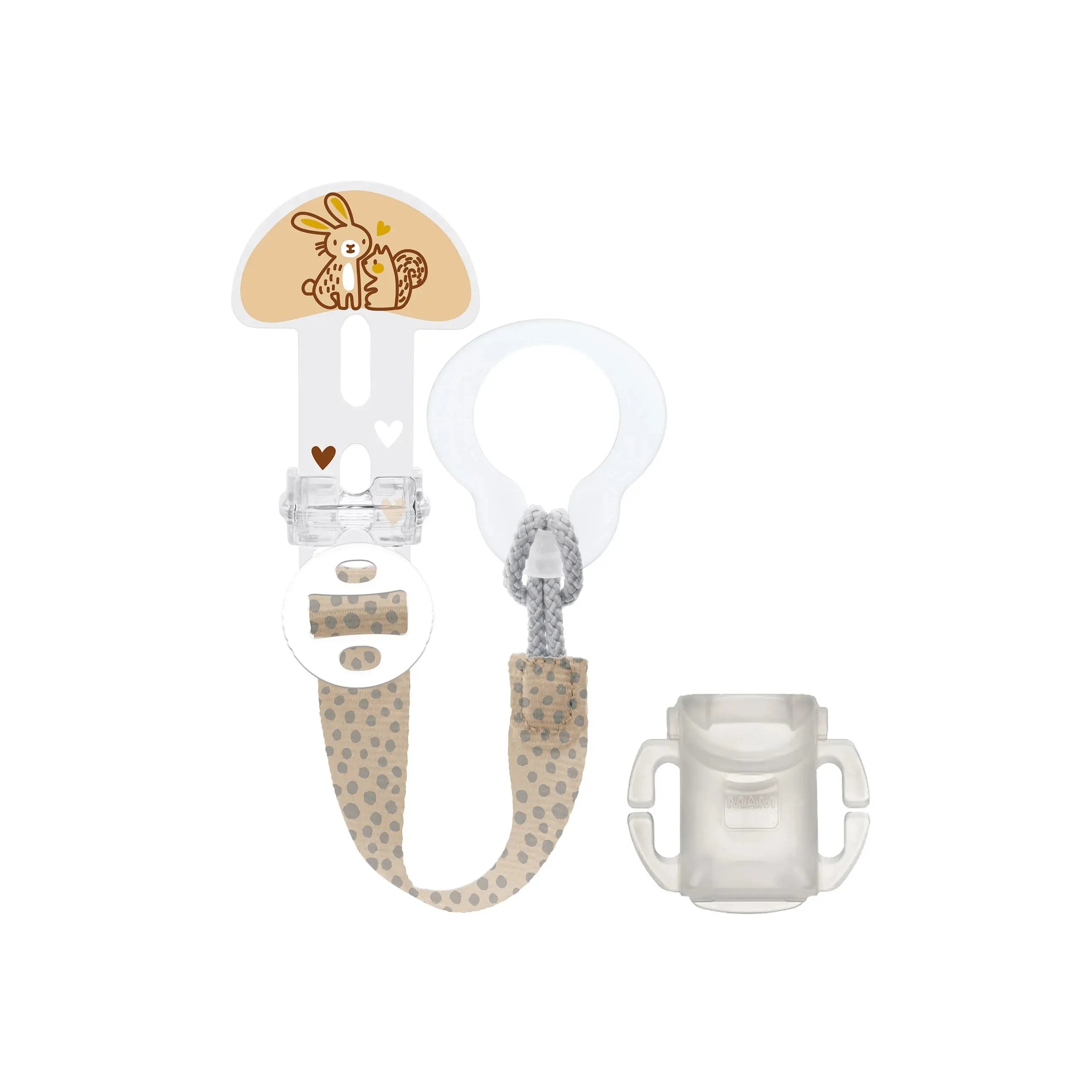 Portaciuccio MAM Clip It! & Cover con decorazione con coniglietto e cuoricini, custodia igienica, compatibile ciucci 0+ mesi