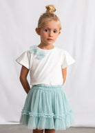 Completo gonna tulle bambina Mayoral in verde lago con fiocco e fiore decorativo