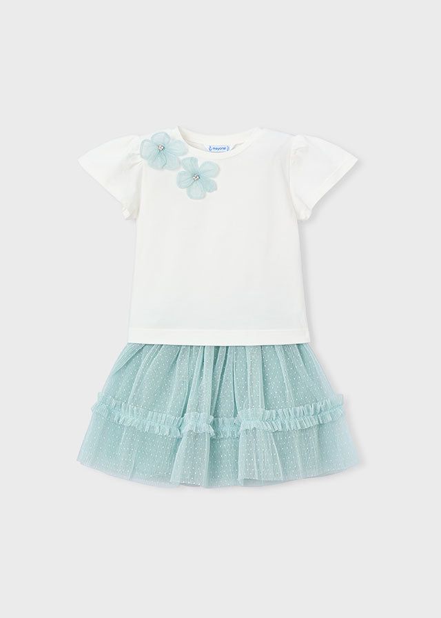 Set completo bambina Mayoral con gonna tulle verde lago e maglietta bianca