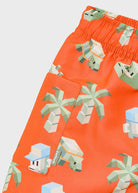 Costume bermuda bambino arancio con stampa animali pixel, dettaglio retro