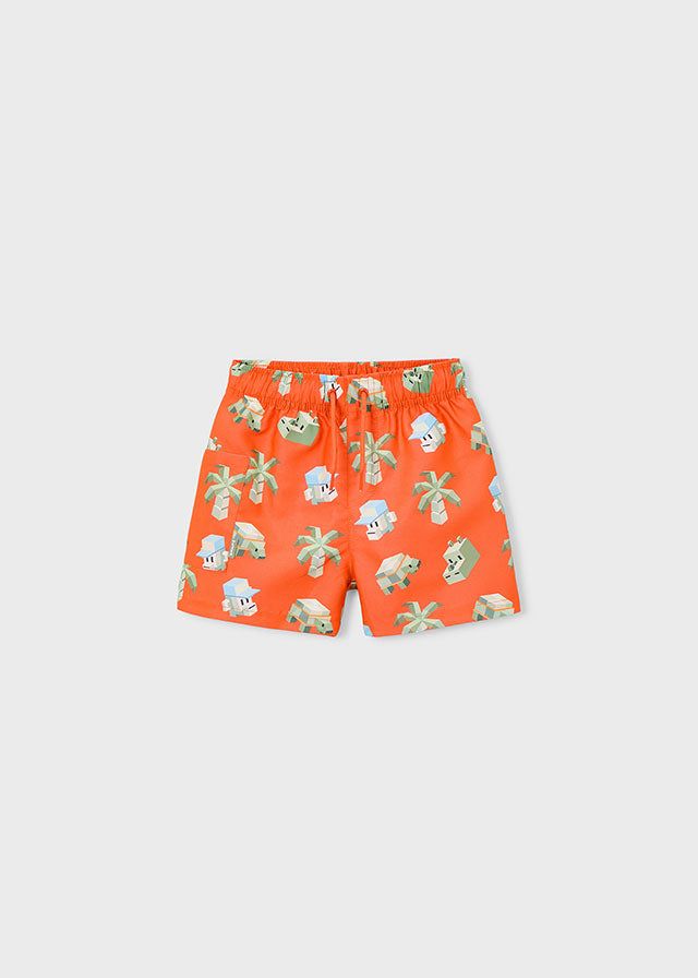 Costume bermuda bambino arancio con stampa animali pixel, dettaglio frontale
