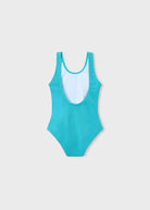 Retro del costume da bagno intero bambina Mayoral in tessuto celeste con fiore bianco
