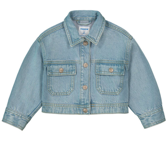 Giubbotto jeans chiaro Mayoral bambina con bottoni e tasche anteriori