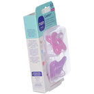 Confezione di succhietti in silicone rosa e viola con scatola sterilizzante