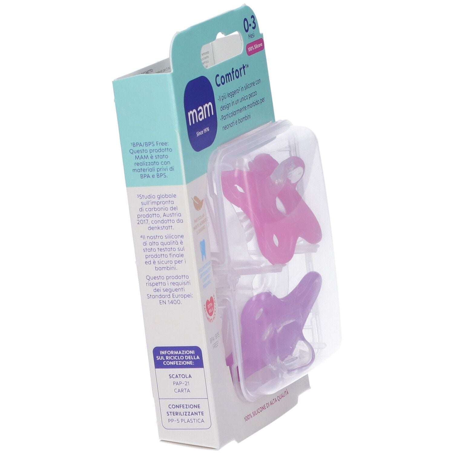 Confezione di succhietti in silicone rosa e viola con scatola sterilizzante