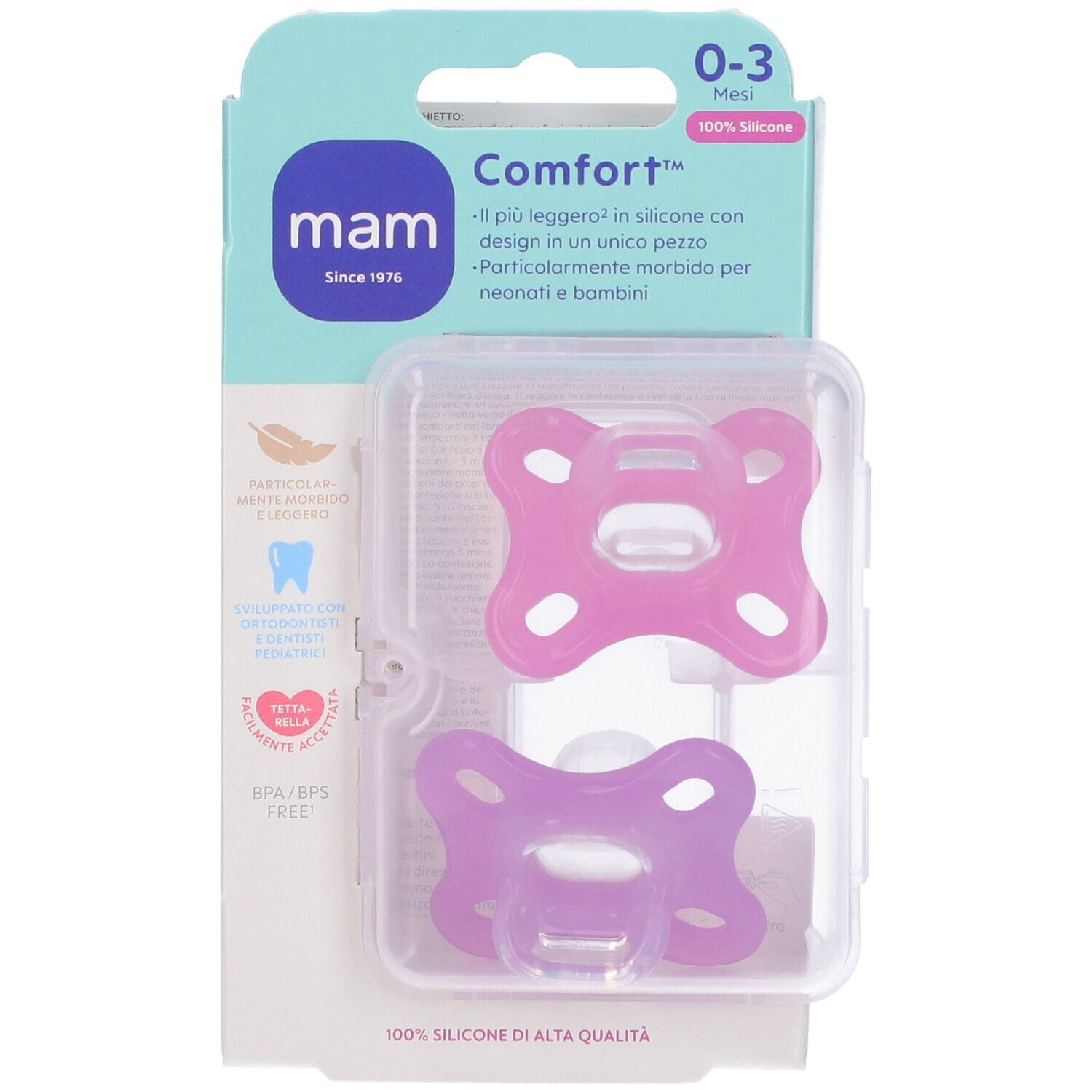 Succhietto neonata silicone rosa con scatola sterilizzante