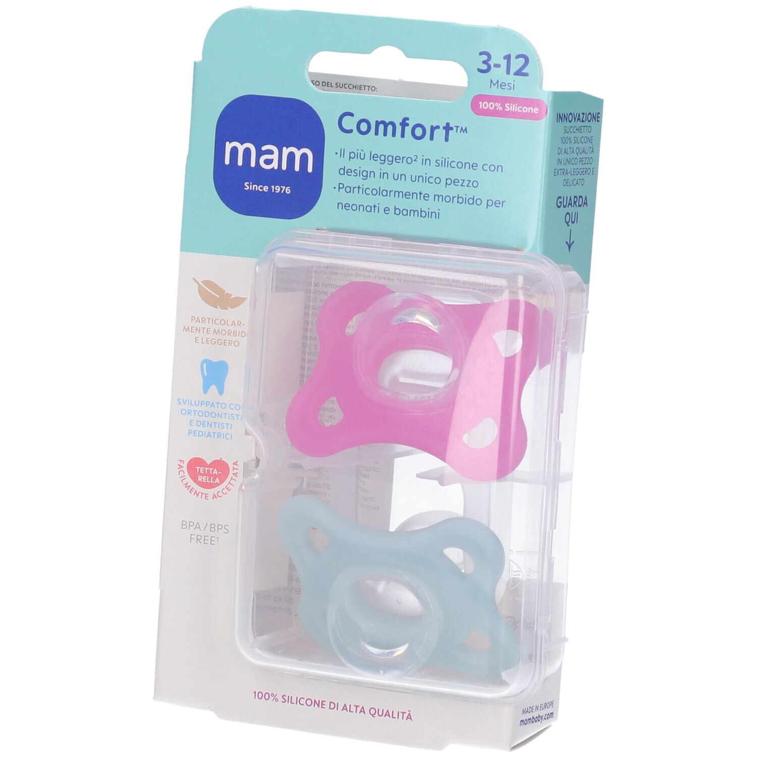 Succhietto in silicone rosa e azzurro MAM Comfort 3-12 mesi con scatola autosterilizzante