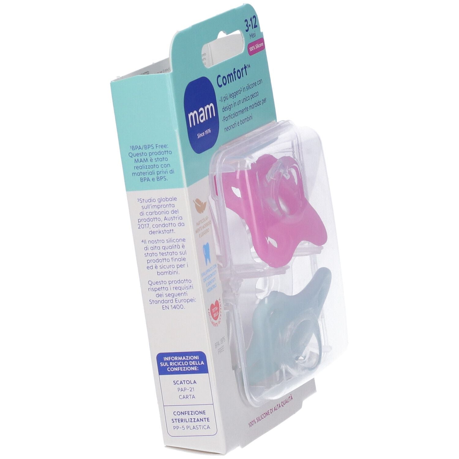 Confezione di due succhietti in silicone rosa e azzurro MAM Comfort 3-12 mesi con scatola sterilizzante