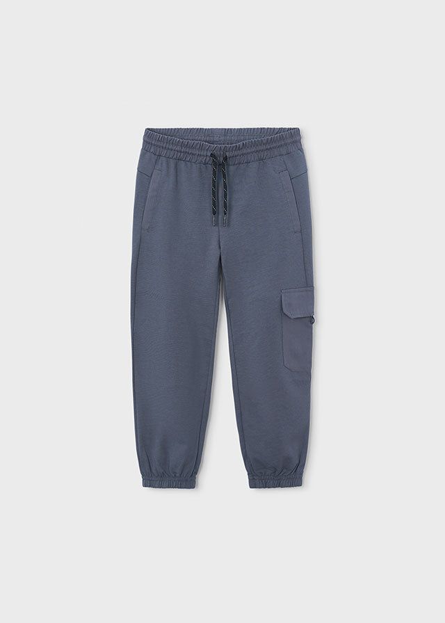 Pantaloni cargo bambino blu, elastici in vita e caviglie, tasca laterale
