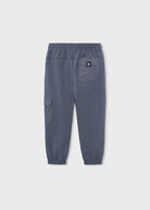 Pantaloni cargo bambino blu con tasca laterale, elastici in vita e caviglie