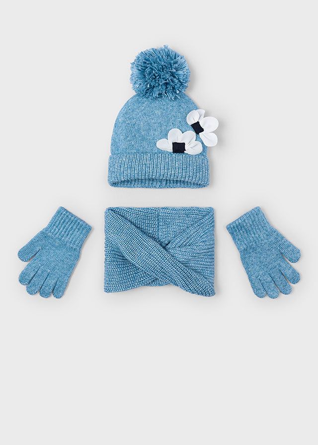 Set 3 pezzi cappello+scaldacollo+guanti bambina Mayoral fiore celeste Mayoral 4 Anni 104cm