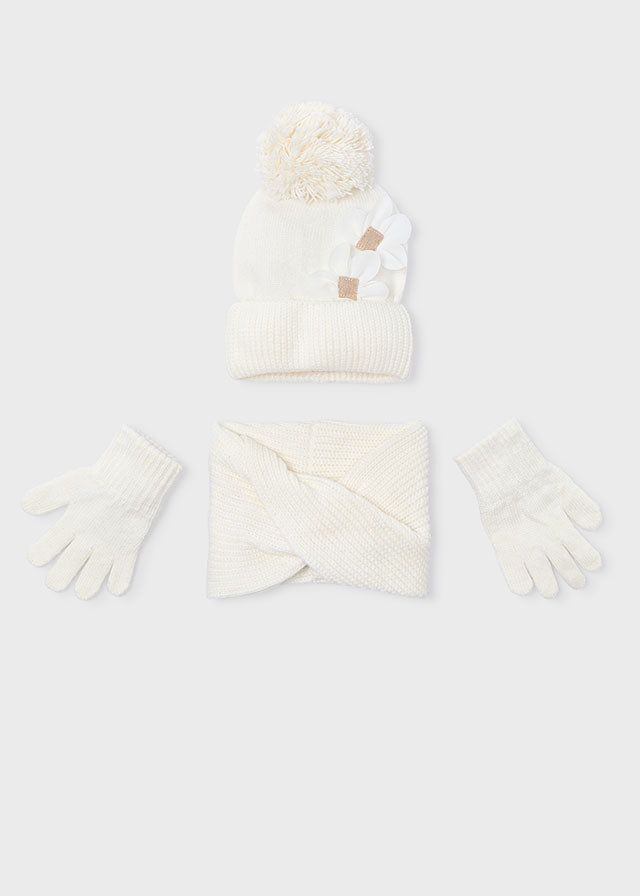 Set 3 pezzi cappello+scaldacollo+guanti bambina Mayoral fiore panna Mayoral 4 Anni 104cm