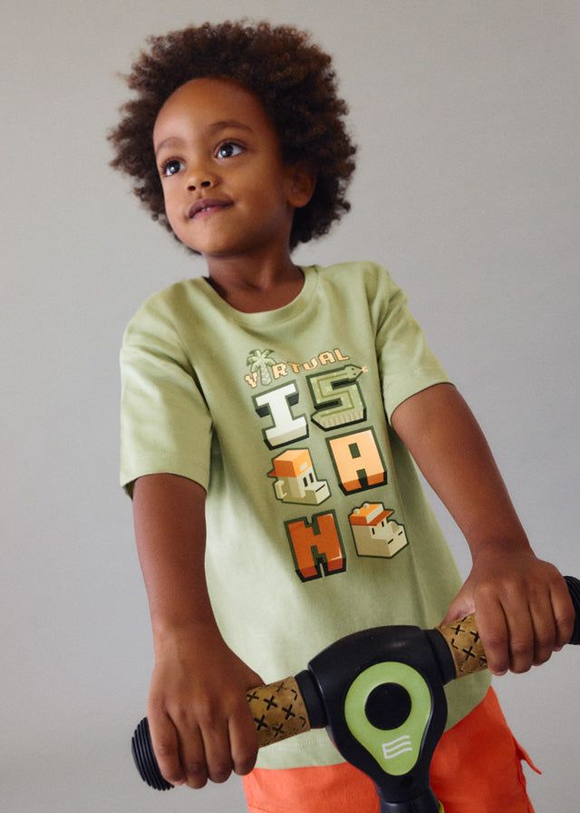 T-shirt bambino verde salvia con grafica Virtual Island Mayoral 2 Anni 92cm