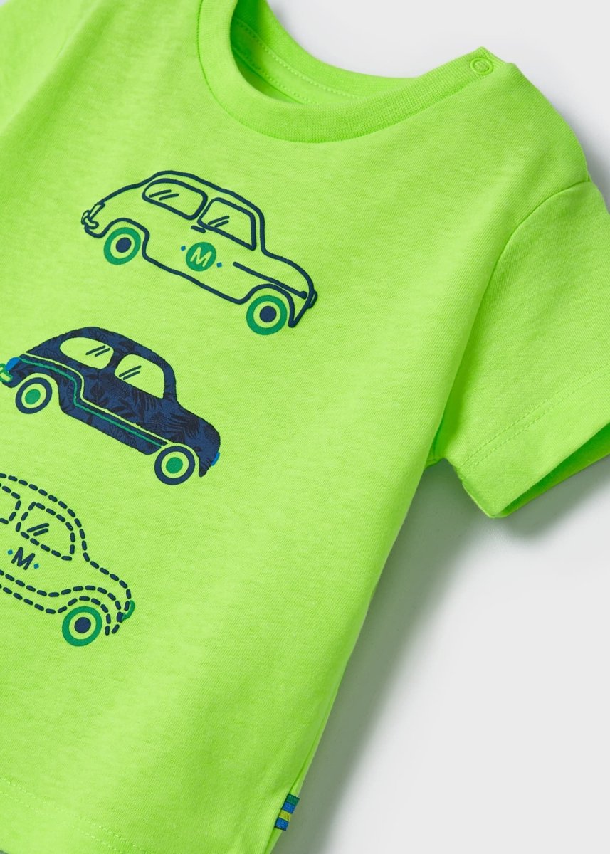 T-Shirt neonato Mayoral verde fluo stampa macchine - ErreGiModaBimbo