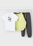 Set di abbigliamento bambino Mayoral con felpa, pantaloni e T-shirt in verde citronella