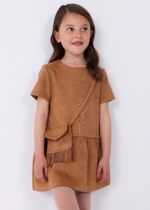 Vestito camosciato con borsetta bambina Mayoral ciniglia cannella - ErreGiModaBimbo