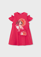 Vestito bambina Mayoral color papavero con borsa abbinata, stampa di una ragazza, maniche a volant, tessuto cotone primavera-estate
