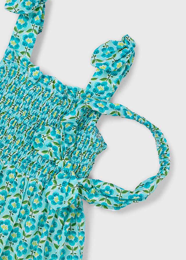 Dettaglio del vestito abbinato bambina Mayoral con stampa floreale, tessuto in cotone, abbigliamento bambina primavera-estate