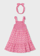 Vestito bambina con stampa floreale rosa, fascetta abbinata, leggero, cotone primavera-estate