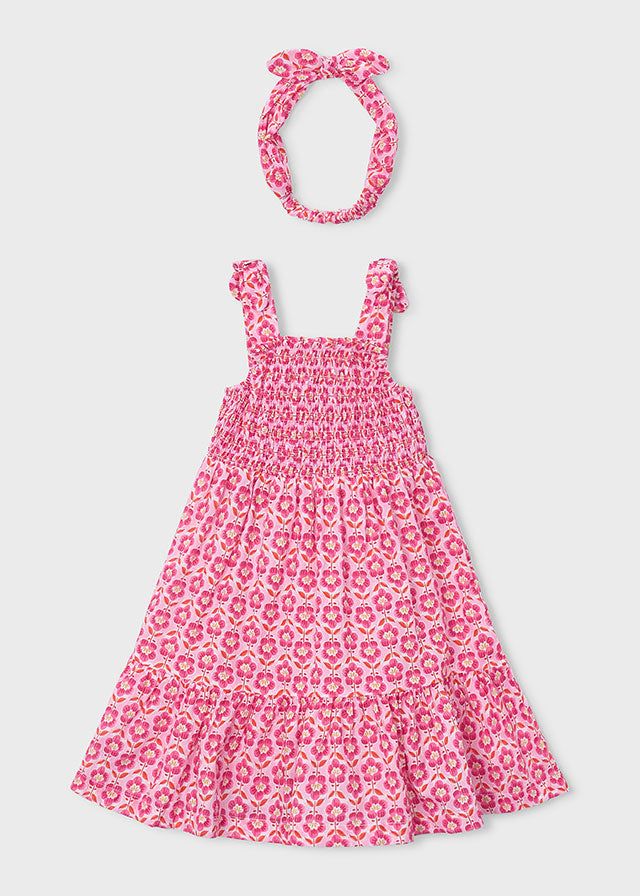 Vestito bambina con stampa floreale rosa, fascetta abbinata, leggero, cotone primavera-estate