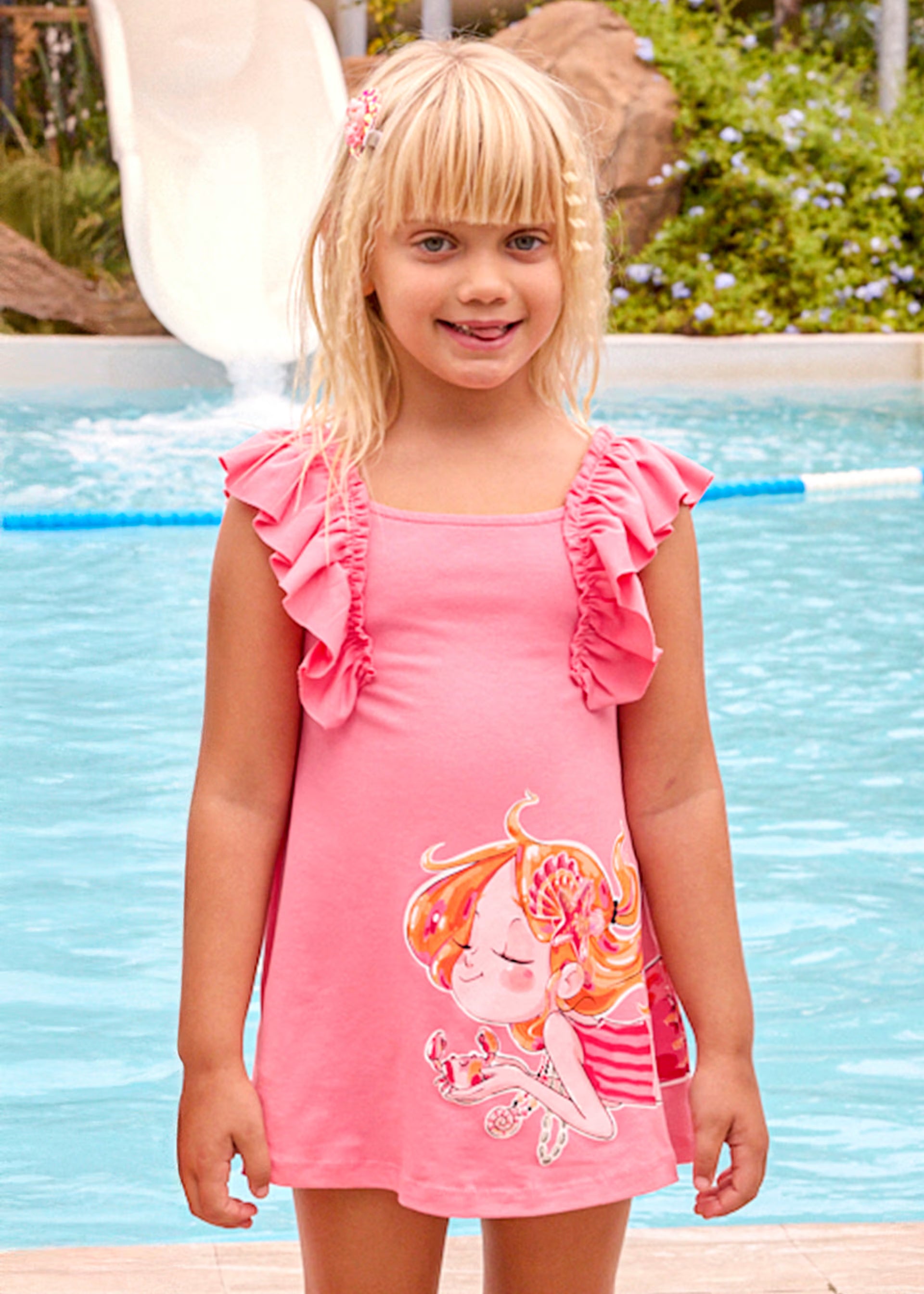 Vestito bambina rosa geranio Mayoral con volant, abbigliamento estivo per bambine