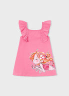 Vestito bambina rosa geranio Mayoral con volant, dettaglio del design e tessuto